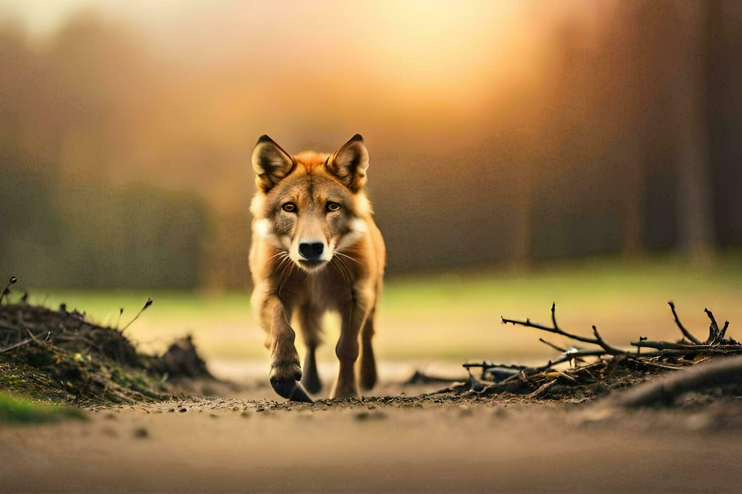 un rojo lobo caminando en un suciedad la carretera a puesta de sol. generado por ai foto