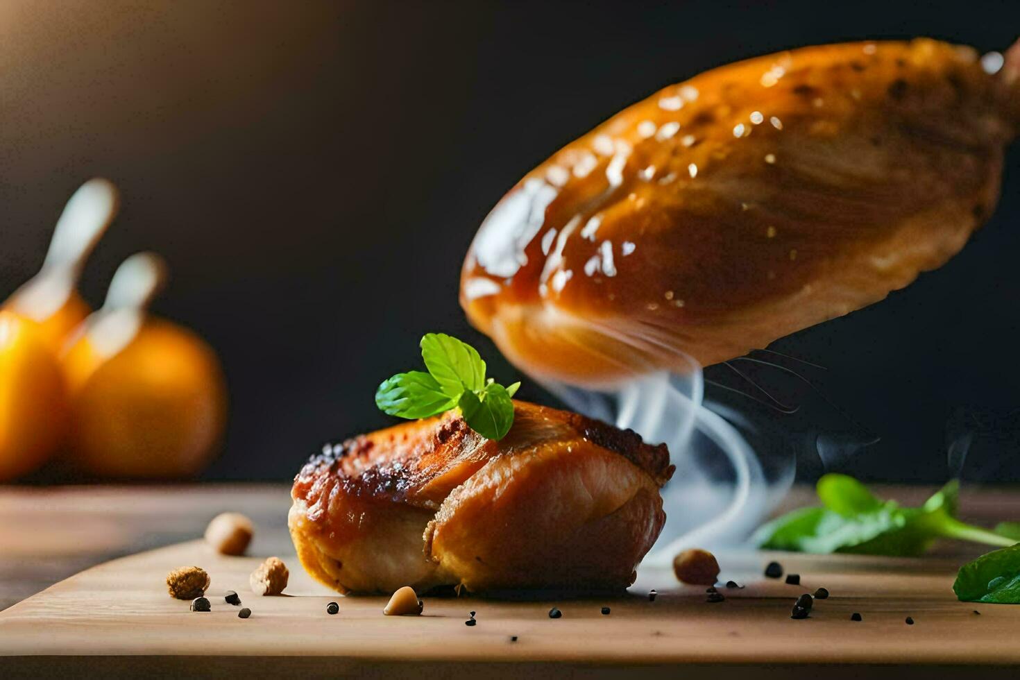a chicken being cooked on a wooden cutting board. AI-Generated photo