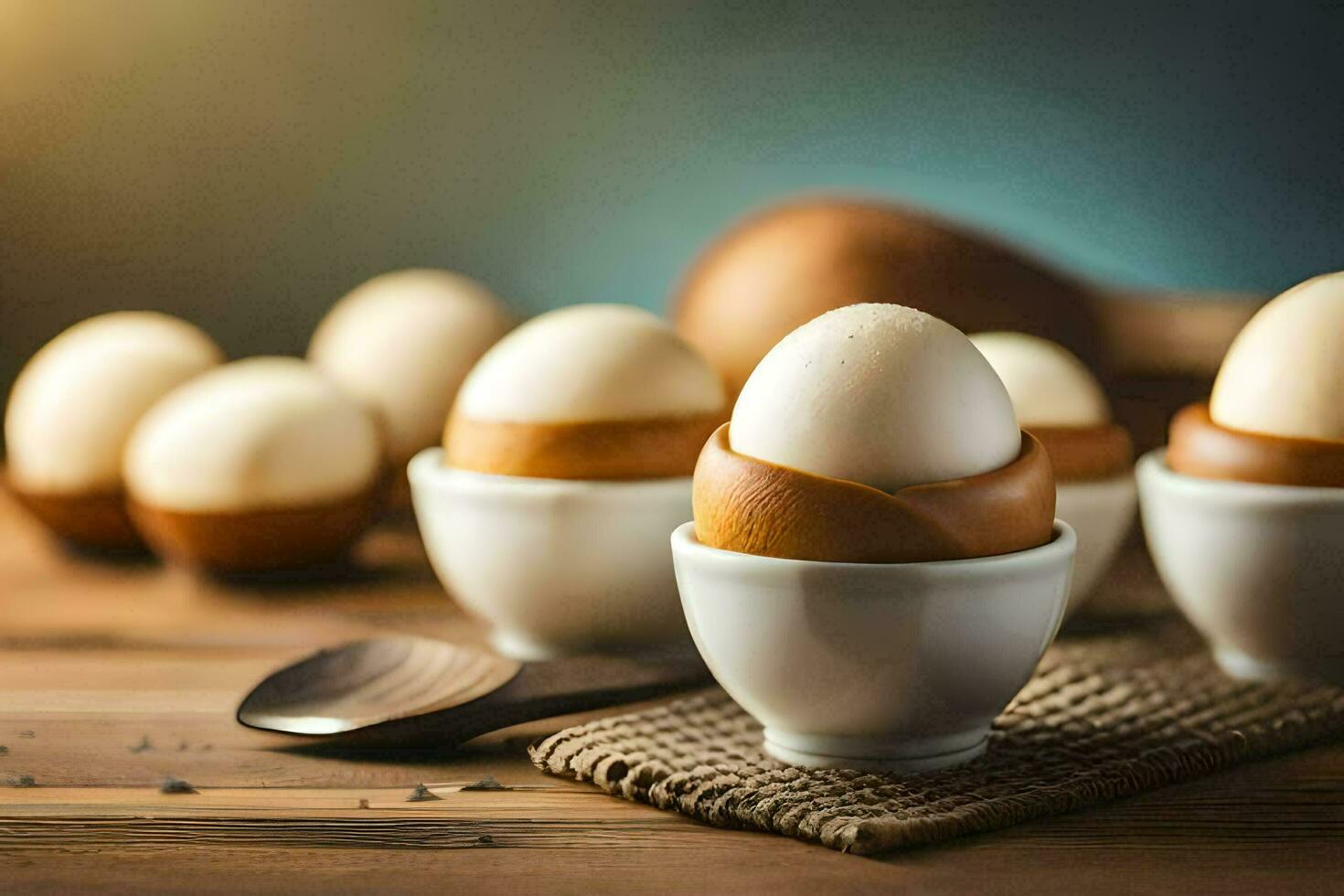 eggs in white cups on a wooden table. AI-Generated photo