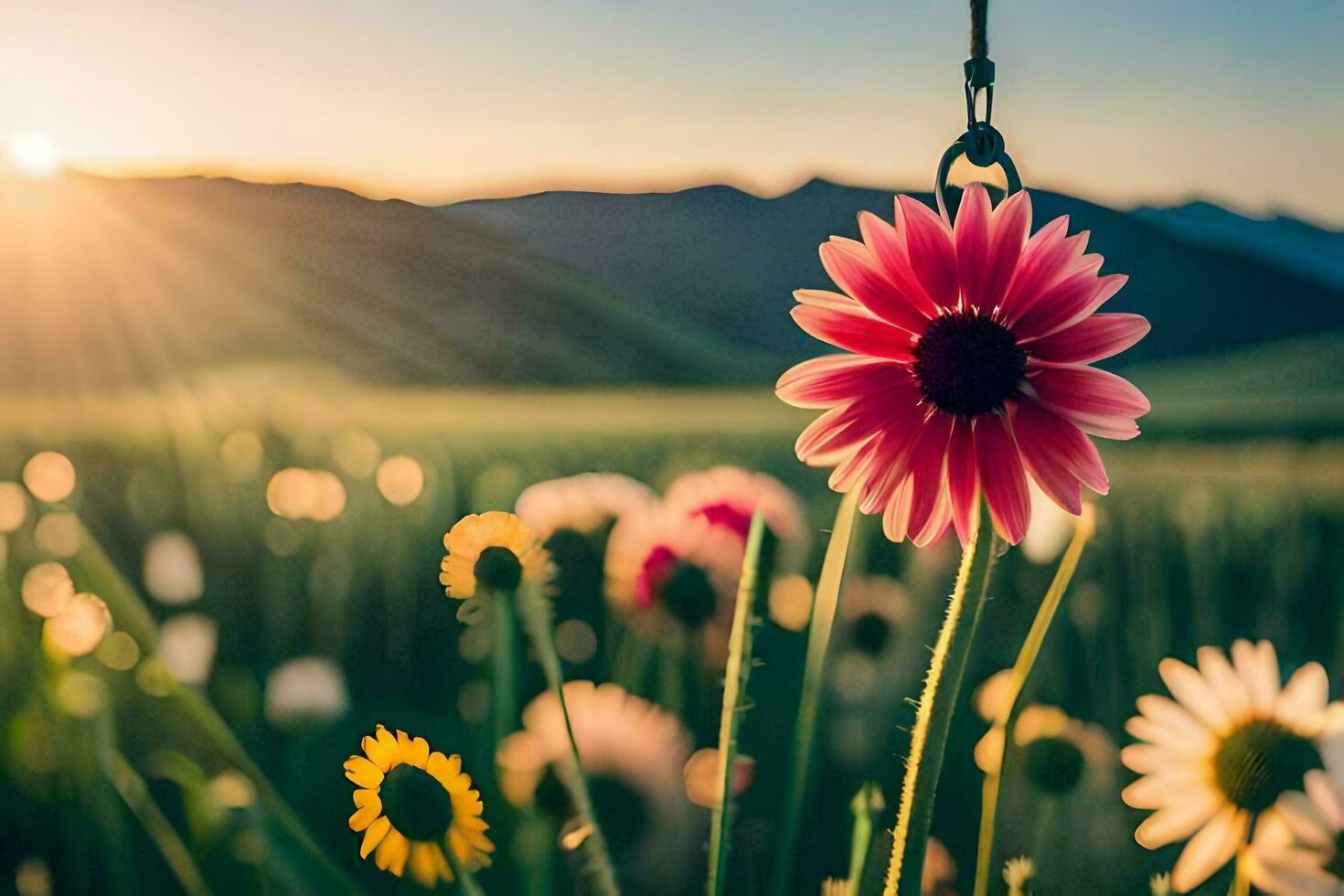 photo wallpaper the sky, flowers, sun, the mountains, flowers, the sun, the flowers. AI-Generated