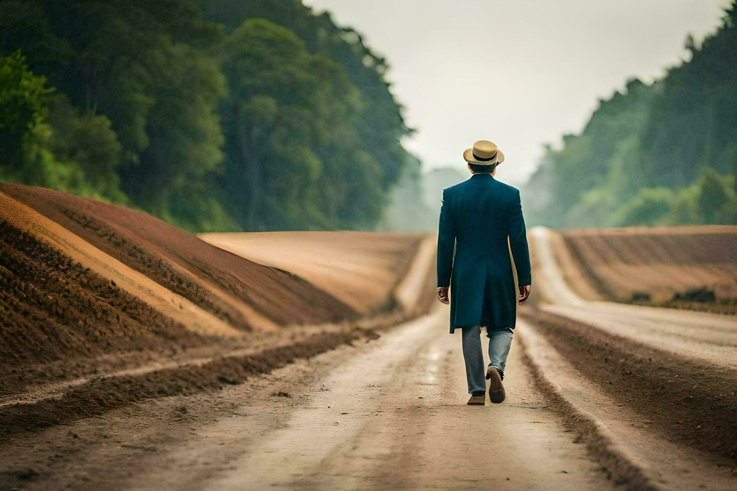 a man in a blue suit and hat walks down a dirt road. AI-Generated photo