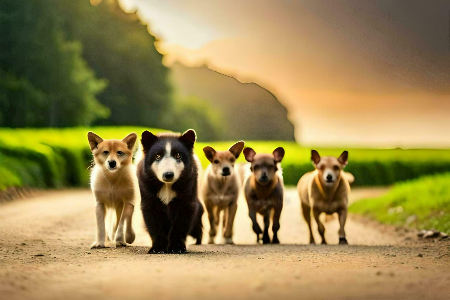 a group of dogs walking down a road. AI-Generated photo