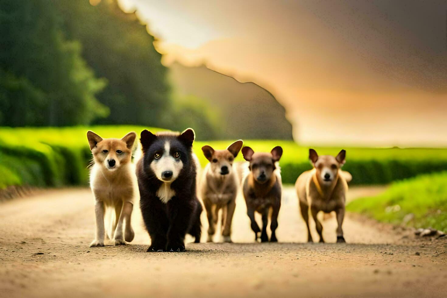 un grupo de perros caminando abajo un la carretera. generado por ai foto