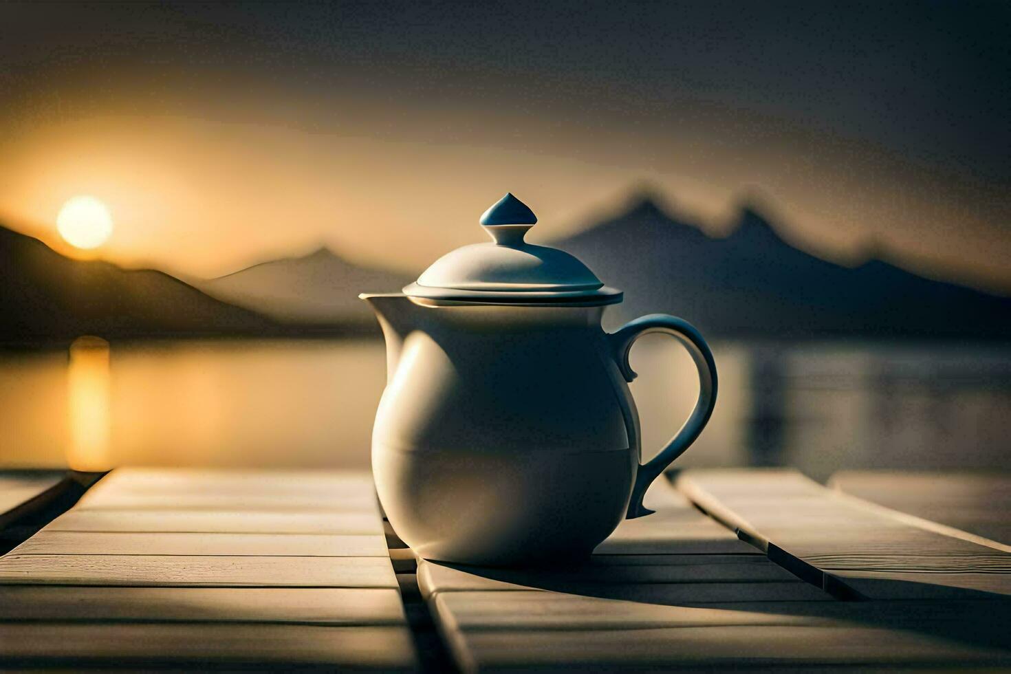 a white teapot sits on a wooden table in front of a lake. AI-Generated photo