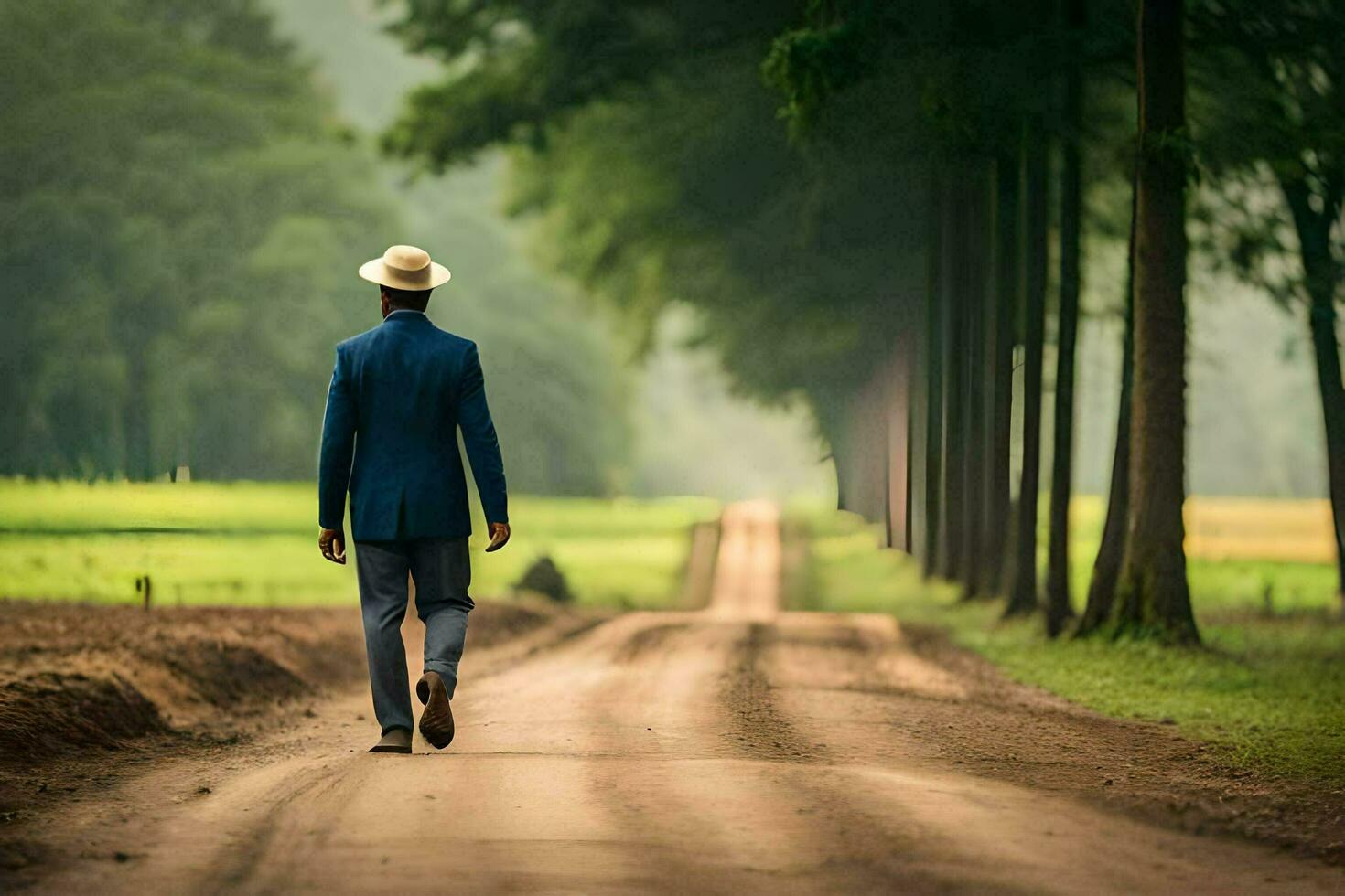 a man in a suit and hat walking down a dirt road. AI-Generated photo