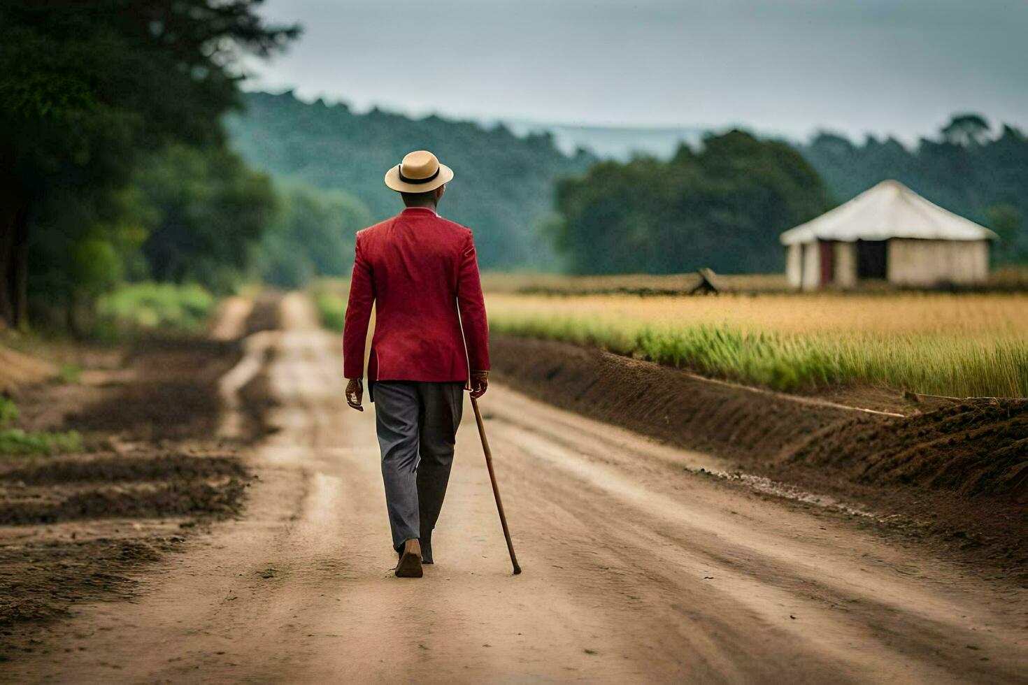 a man in a red suit walks down a dirt road. AI-Generated photo