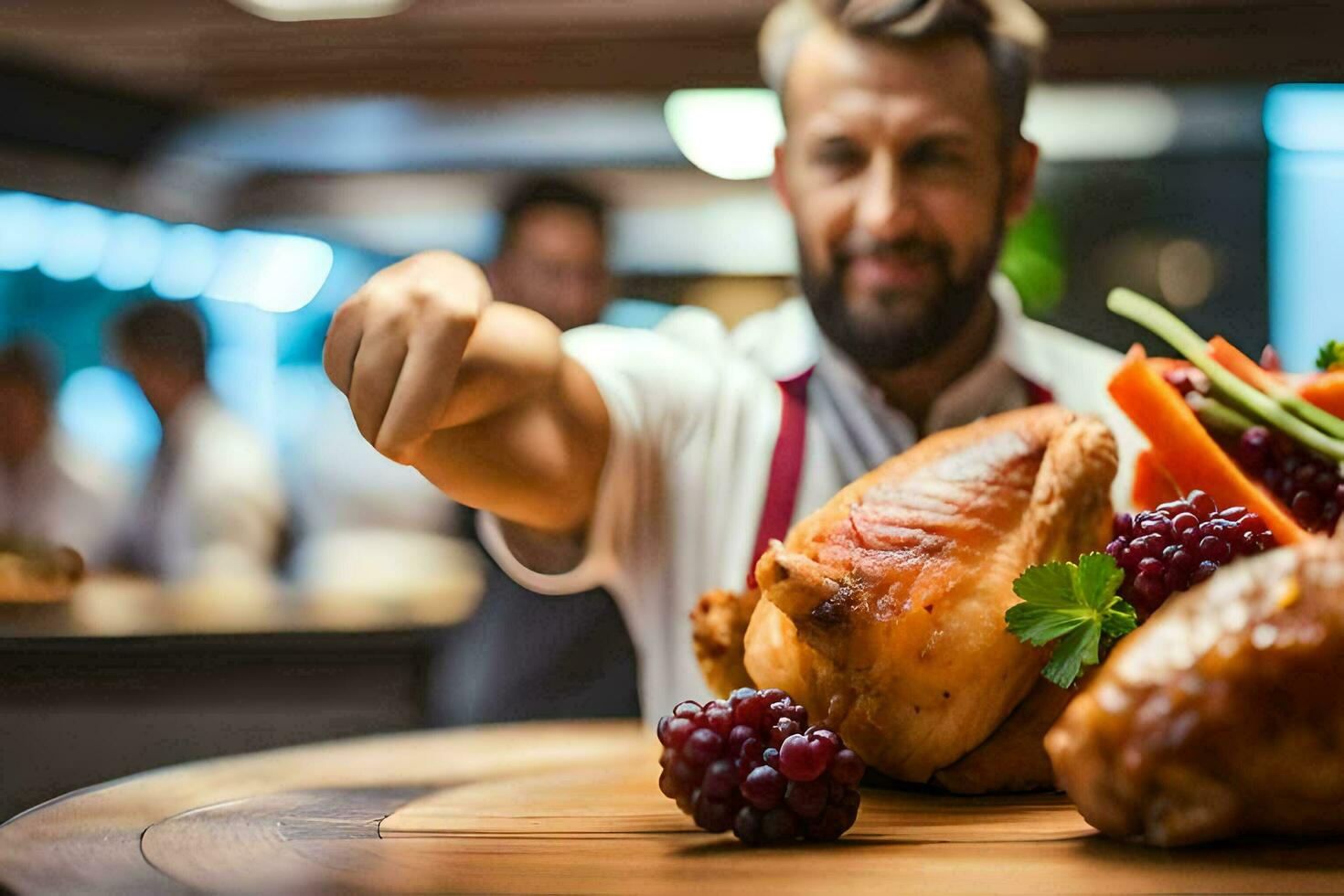 a man is pointing at a turkey on a table. AI-Generated photo