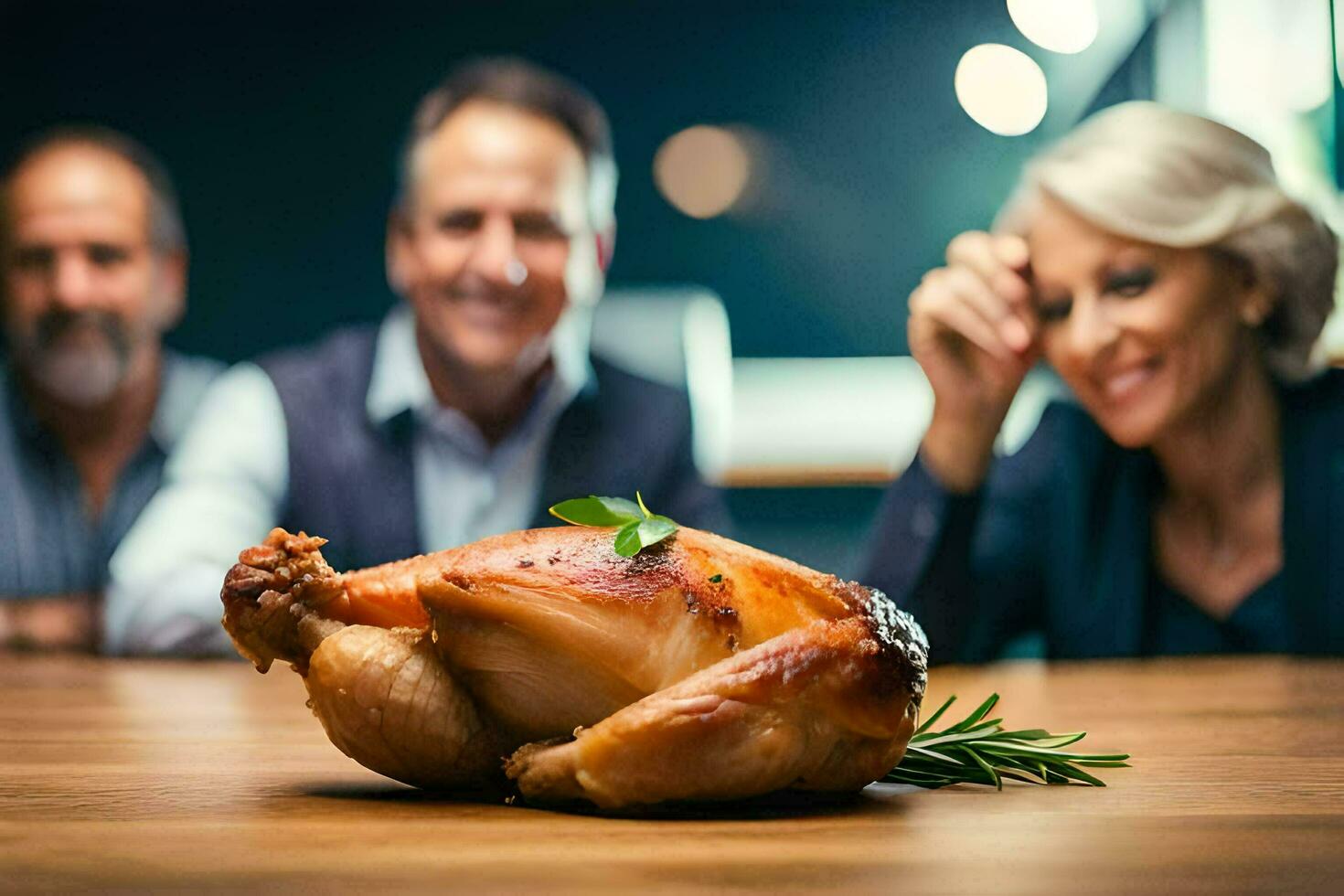a group of people sitting around a roasted chicken. AI-Generated photo