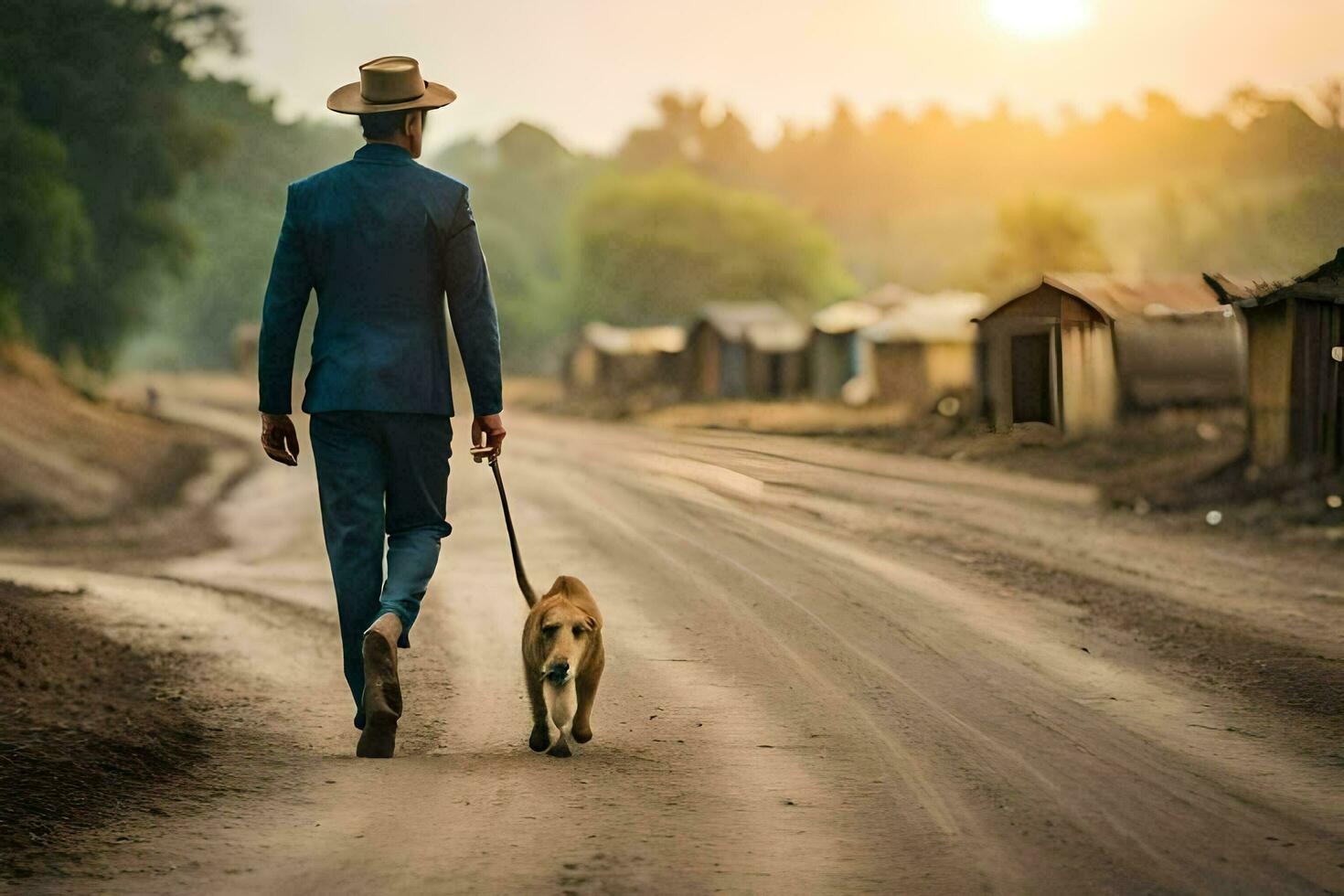 a man in a suit and hat walking his dog down a dirt road. AI-Generated photo