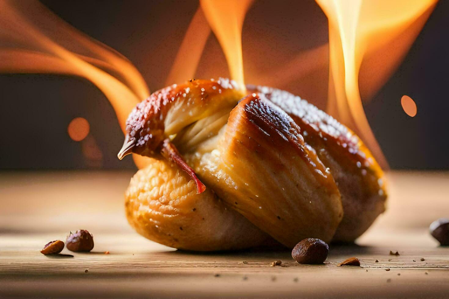 a piece of chicken is on fire with smoke coming out of it. AI-Generated photo