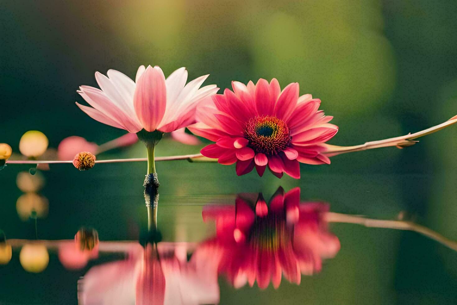 two pink flowers are reflected in water. AI-Generated photo