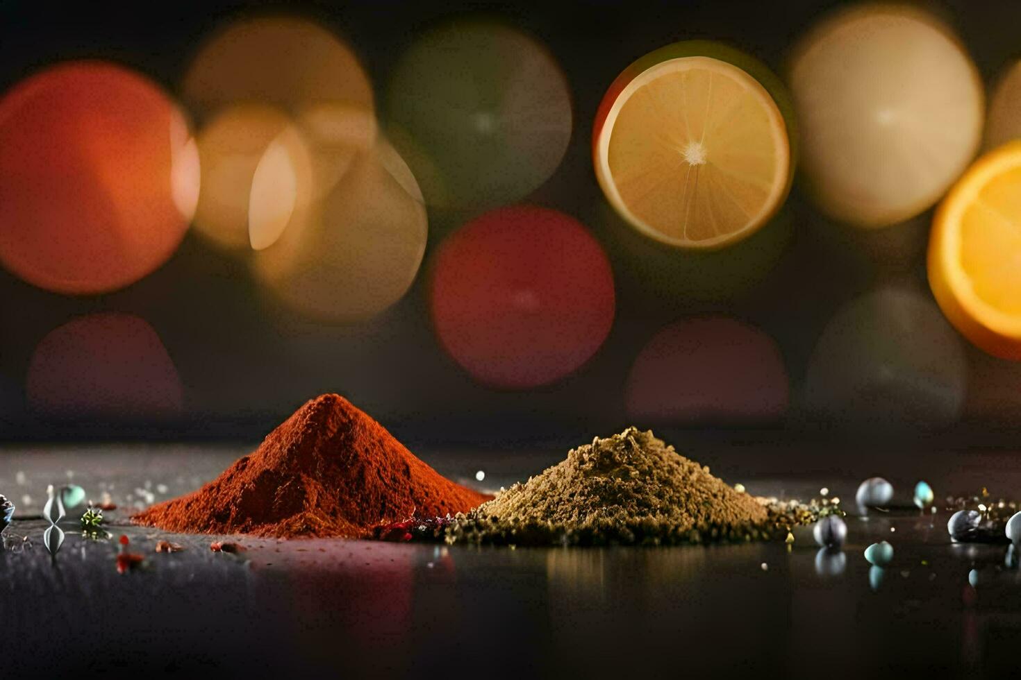 spices and spices on a table with blurred lights. AI-Generated photo