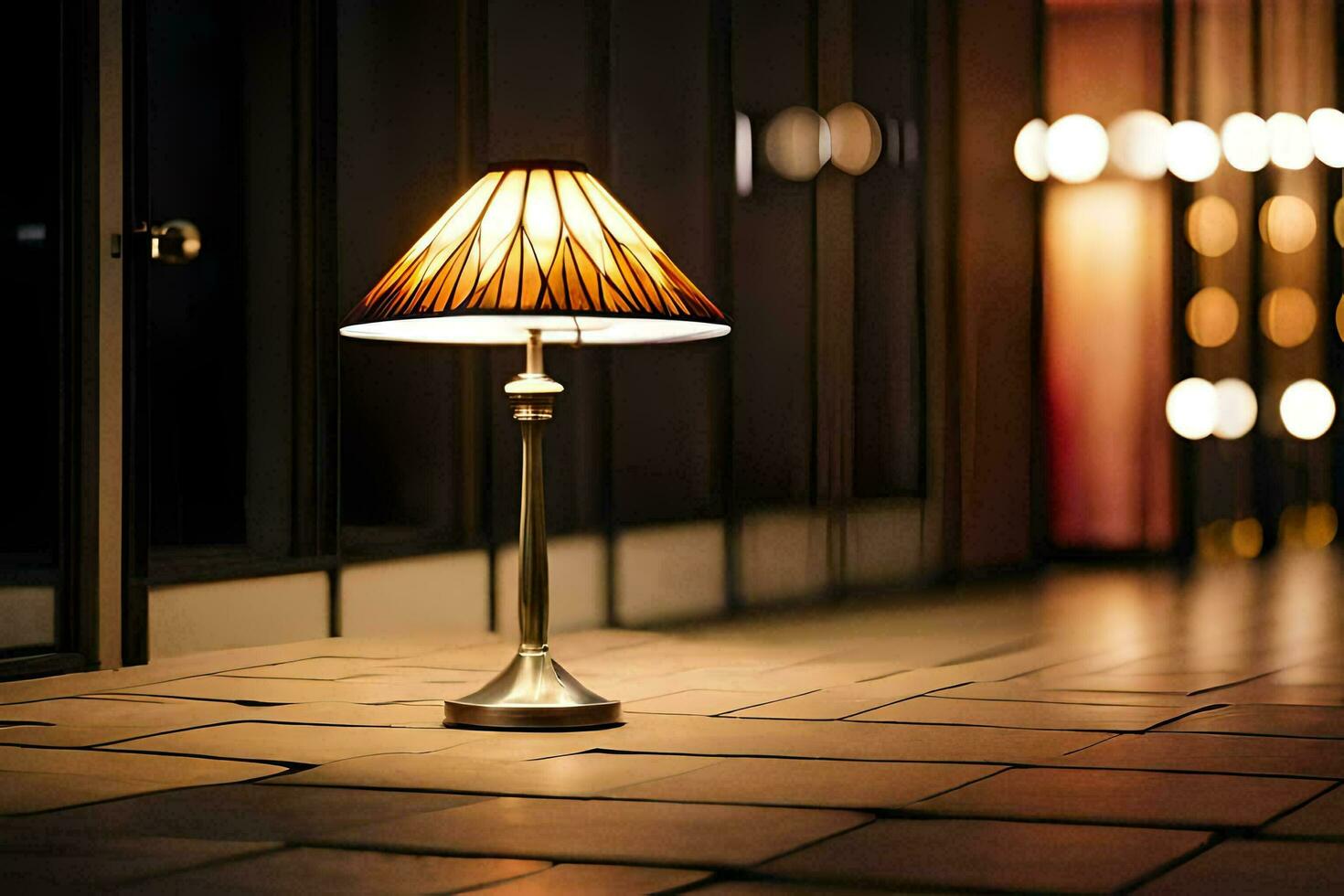 un lámpara en un mesa en frente de un edificio. generado por ai foto