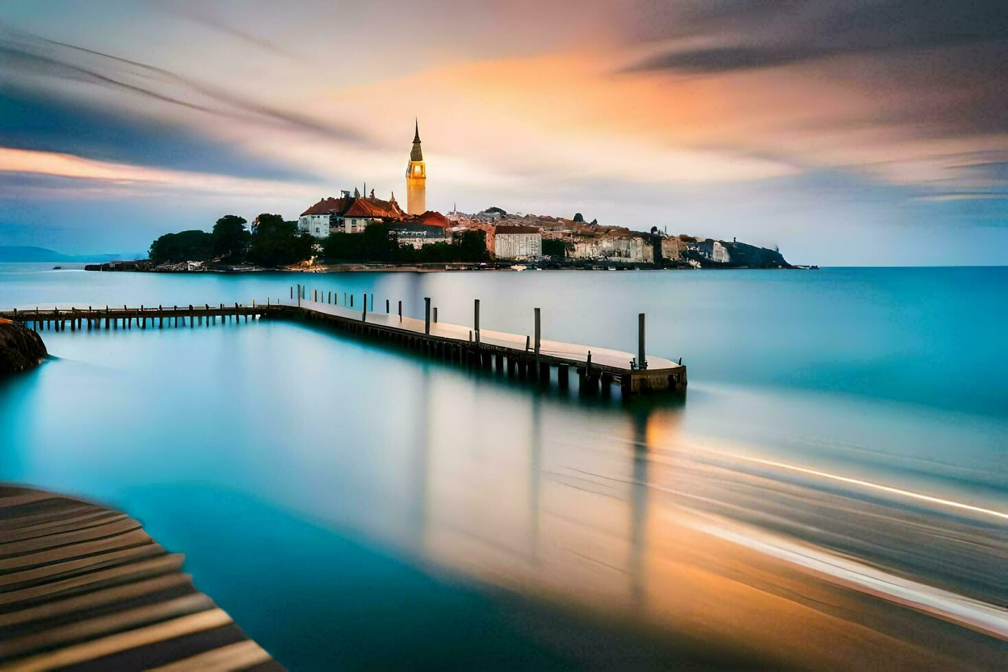 a pier and a church in the middle of the ocean. AI-Generated photo