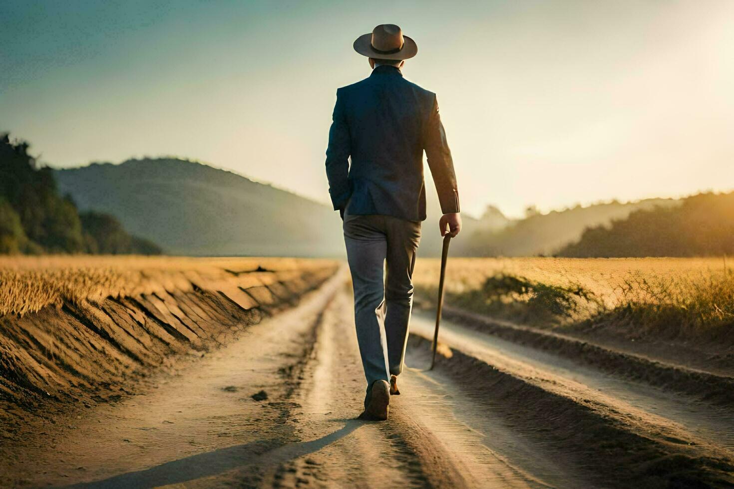 a man in a suit and hat walking down a dirt road. AI-Generated photo