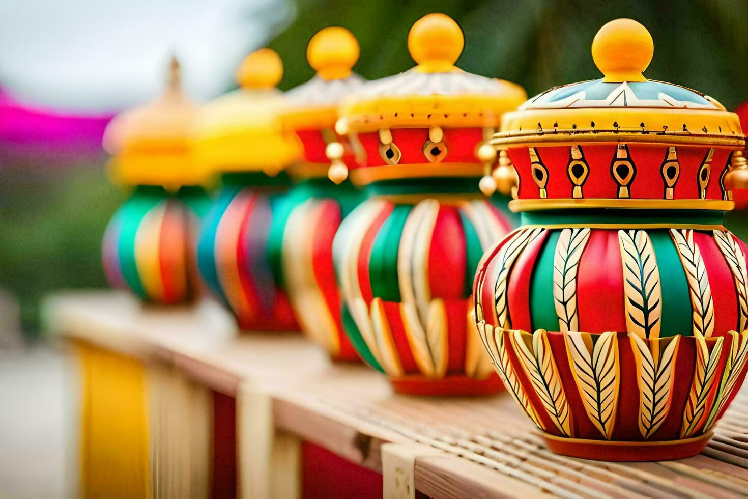 colorful vases on a wooden table. AI-Generated photo