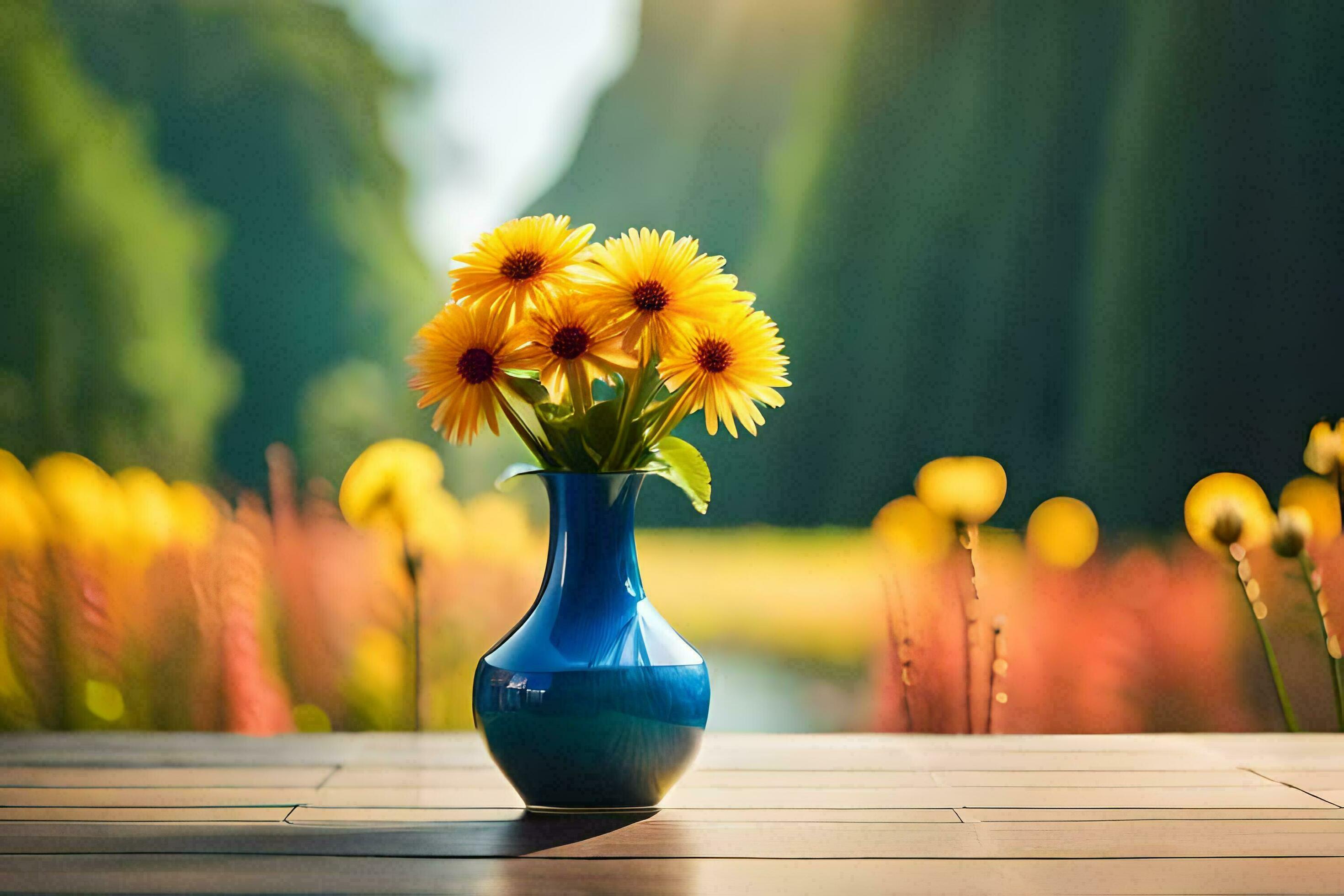 a blue vase with yellow flowers on a table in front of a field. AI