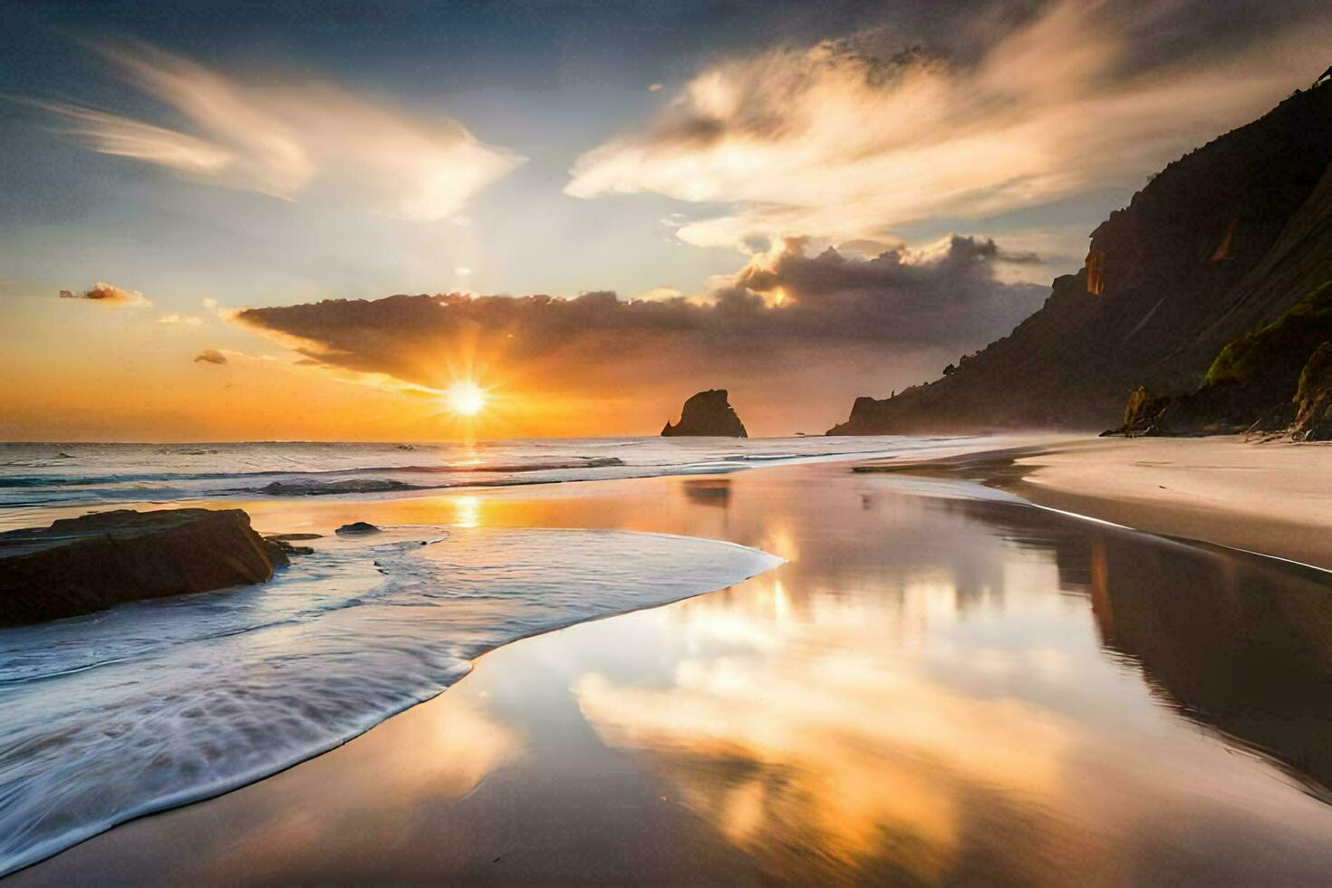 the sun sets on the beach in the background. AI-Generated photo