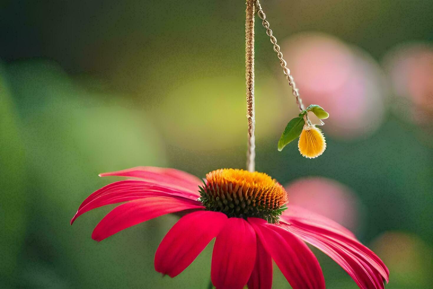 a red flower with a yellow flower hanging from it. AI-Generated photo