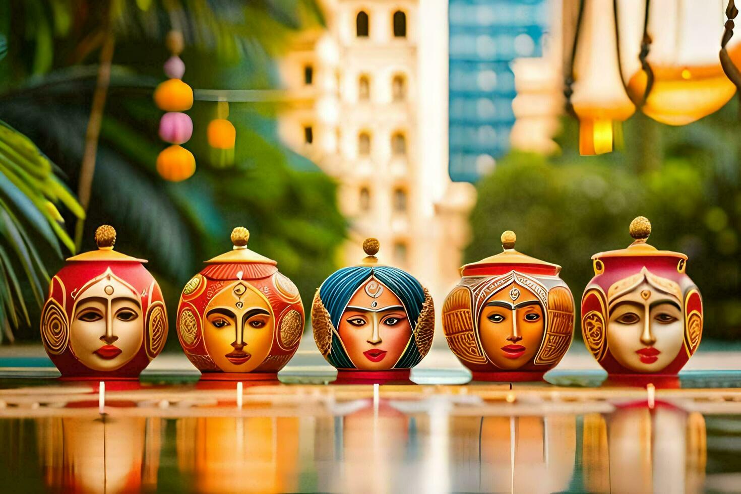 five colorful vases with faces on them. AI-Generated photo