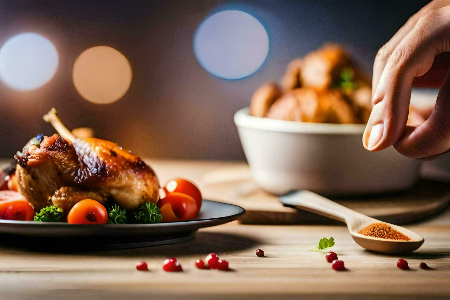 a person is holding a spoon over a plate of food. AI-Generated photo