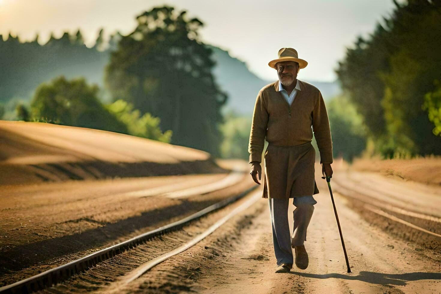 un antiguo hombre caminando en un tren pista. generado por ai foto