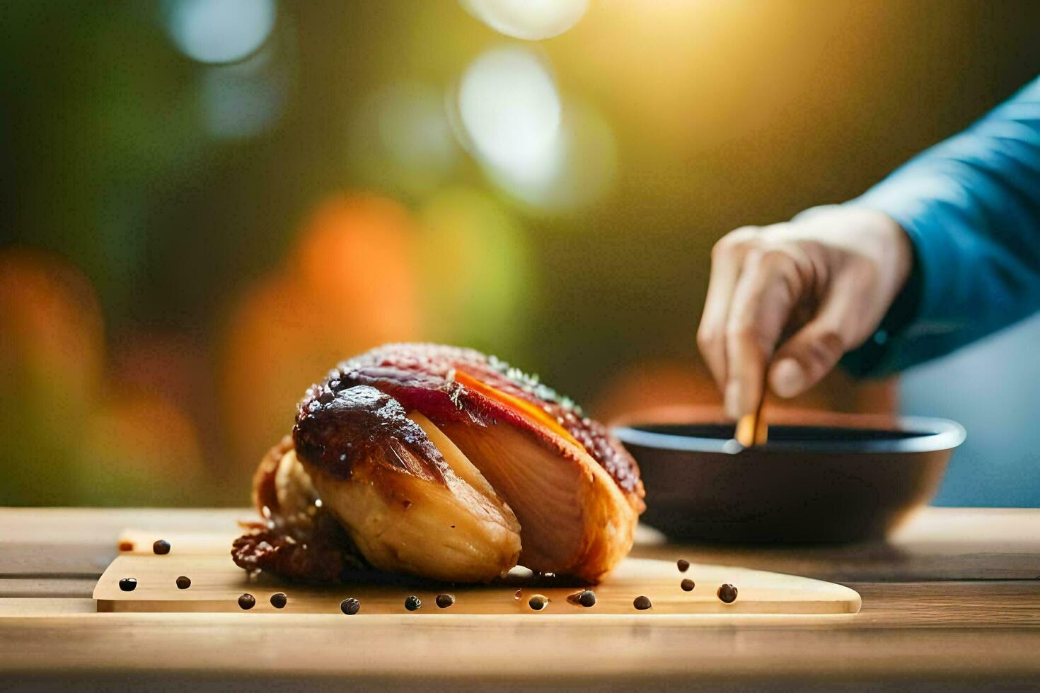 un persona es participación un pedazo de pollo en un corte tablero. generado por ai foto