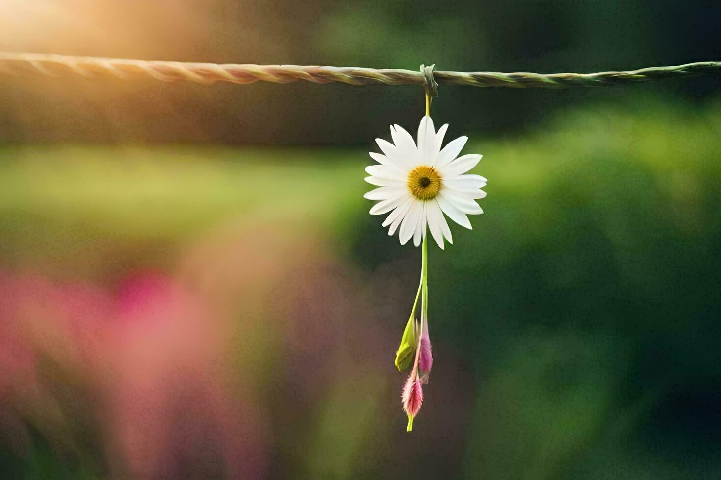 a daisy hanging from a wire with a green background. AI-Generated photo