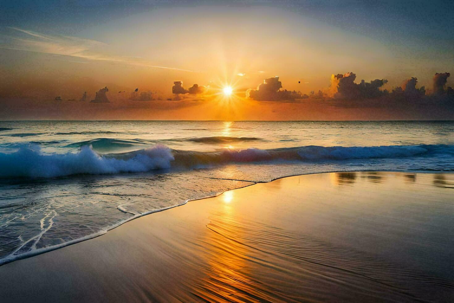 the sun rises over the ocean and waves on the beach. AI-Generated photo