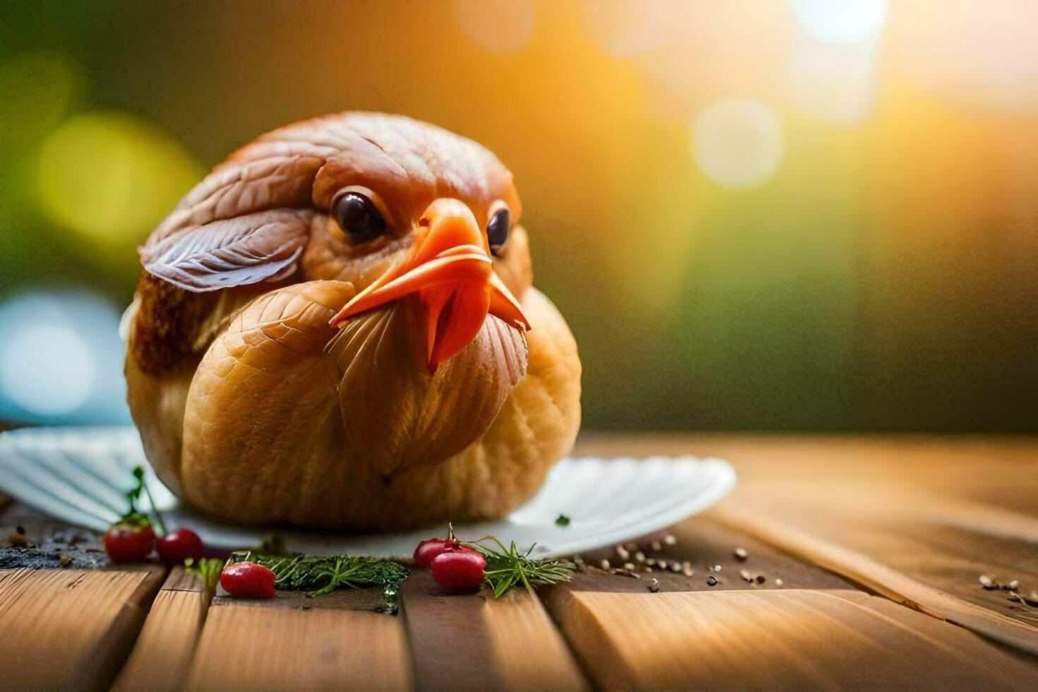 un pollo es sentado en un plato con bayas. generado por ai foto