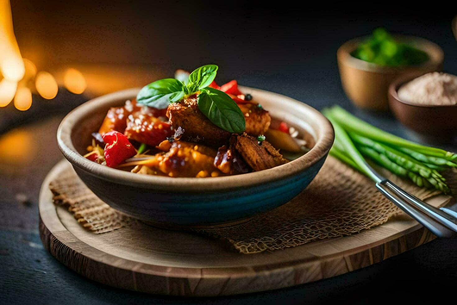 chicken curry in a bowl with asparagus and rice. AI-Generated photo