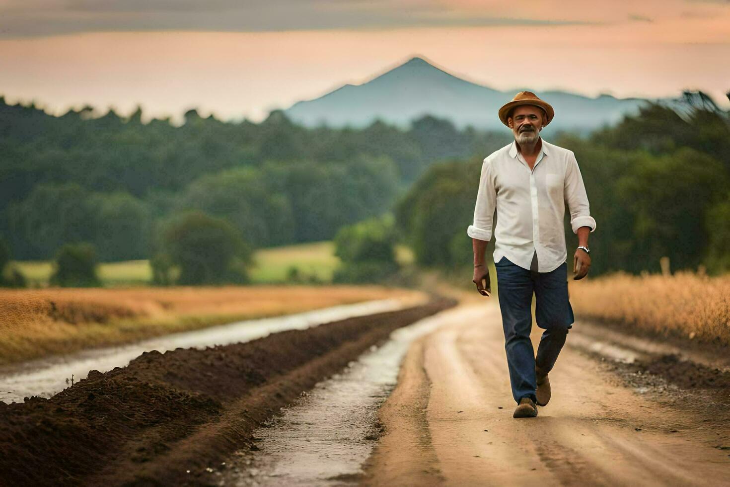 a man walking down a dirt road with a hat on. AI-Generated photo