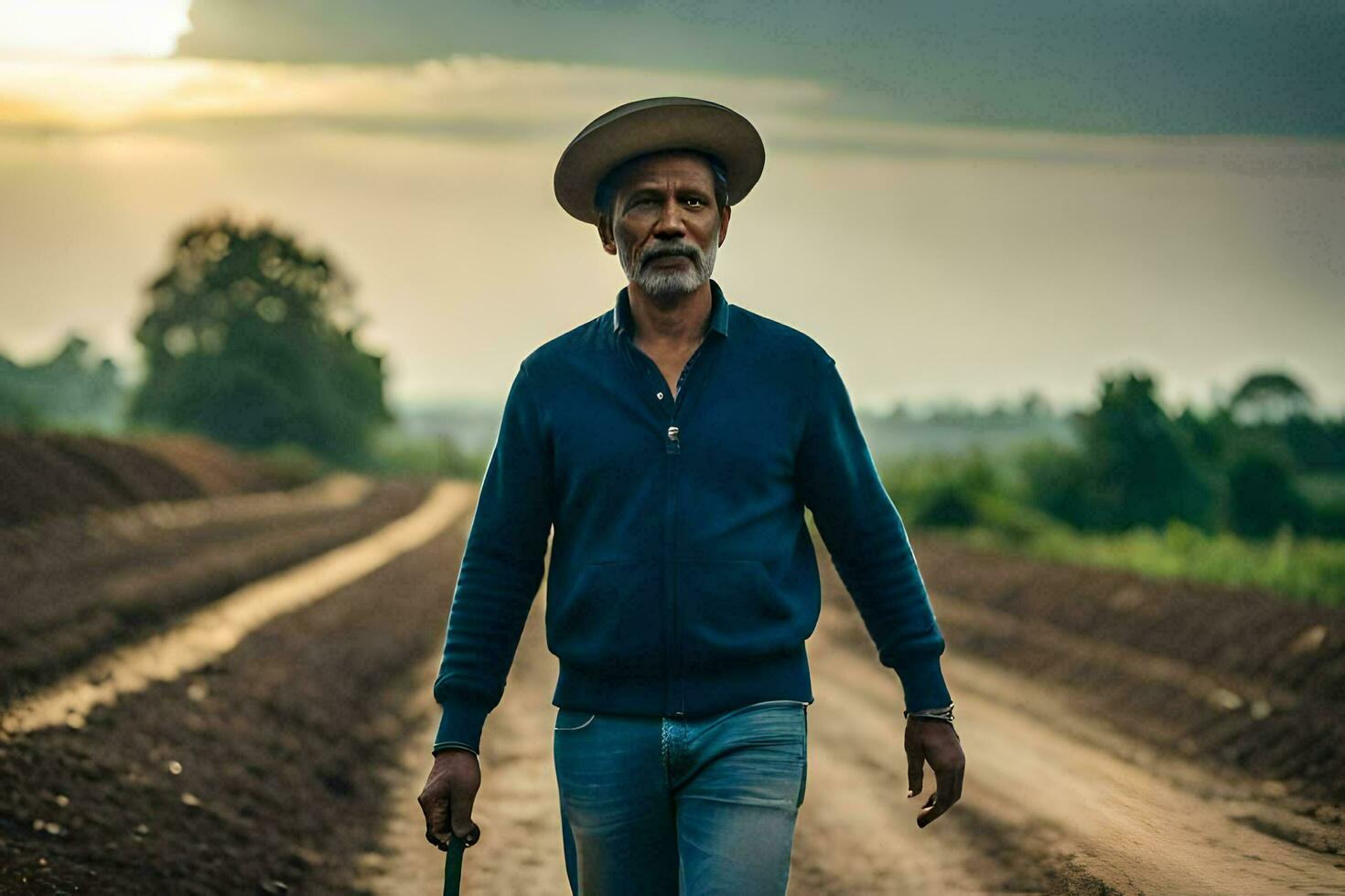 a man in a hat walking down a dirt road. AI-Generated photo