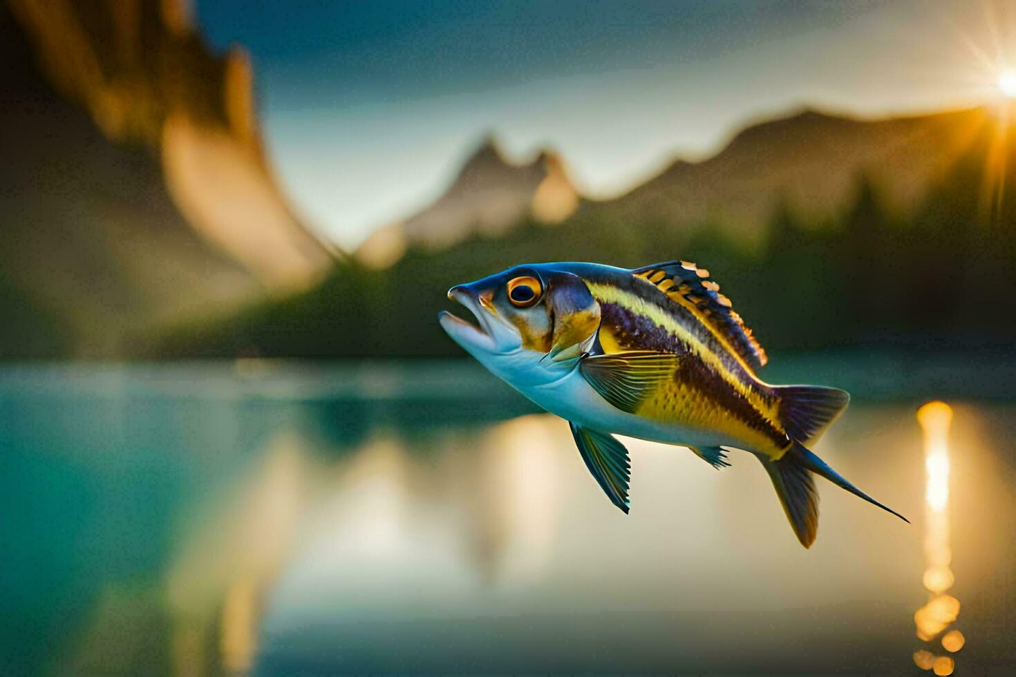 fish in the water, sunset, mountains, lake, fish stock photos. AI-Generated photo