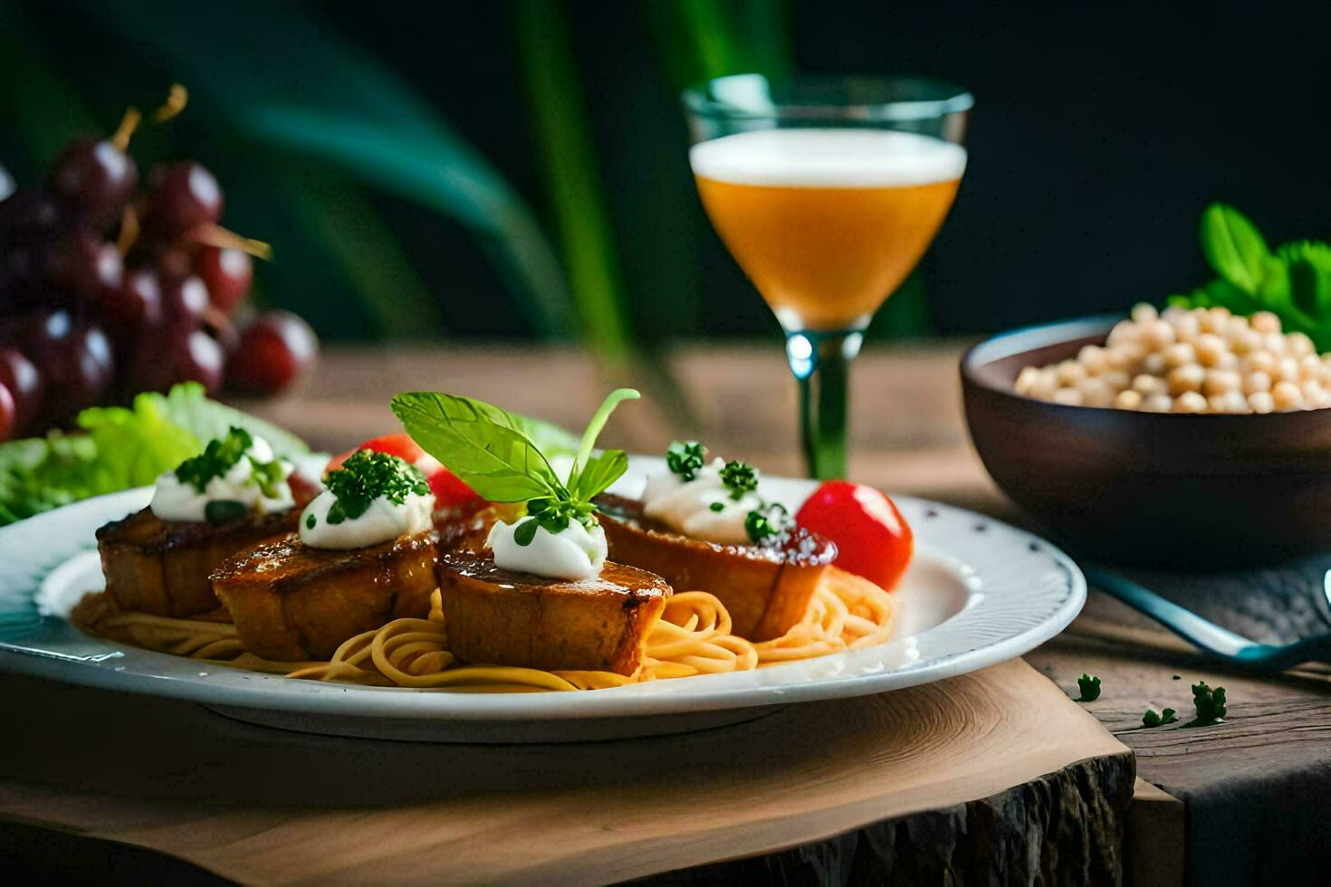 spaghetti with meatballs and tomatoes on a plate. AI-Generated photo