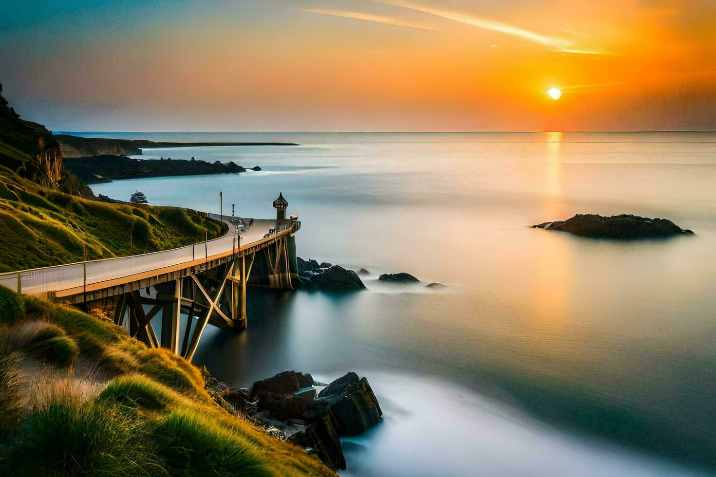 the sun rises over the ocean and pier in this long exposure. AI-Generated photo