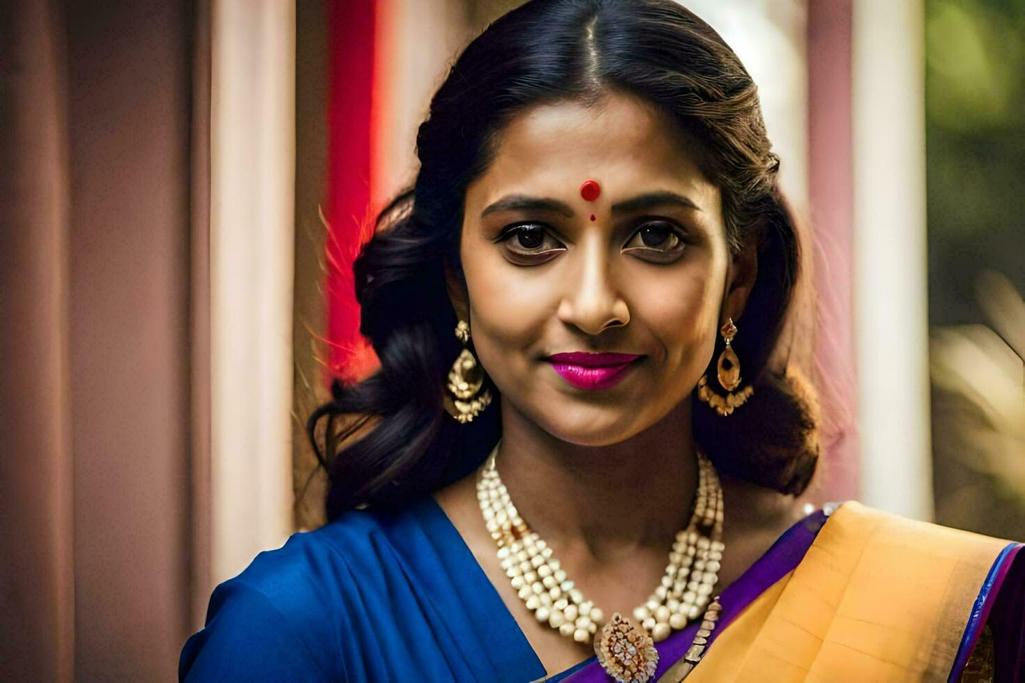 a woman in a sari with a gold necklace and earrings. AI-Generated photo