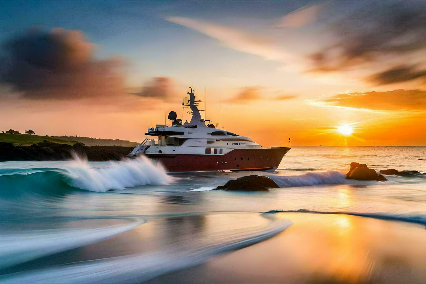 a yacht in the ocean at sunset. AI-Generated photo