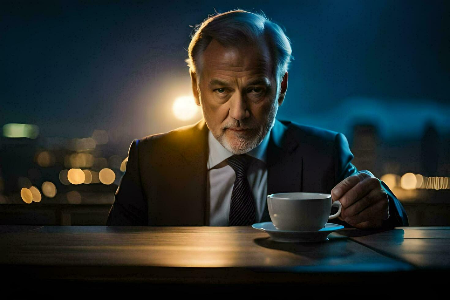 an older man in a suit and tie sitting at a table with a cup of coffee. AI-Generated photo