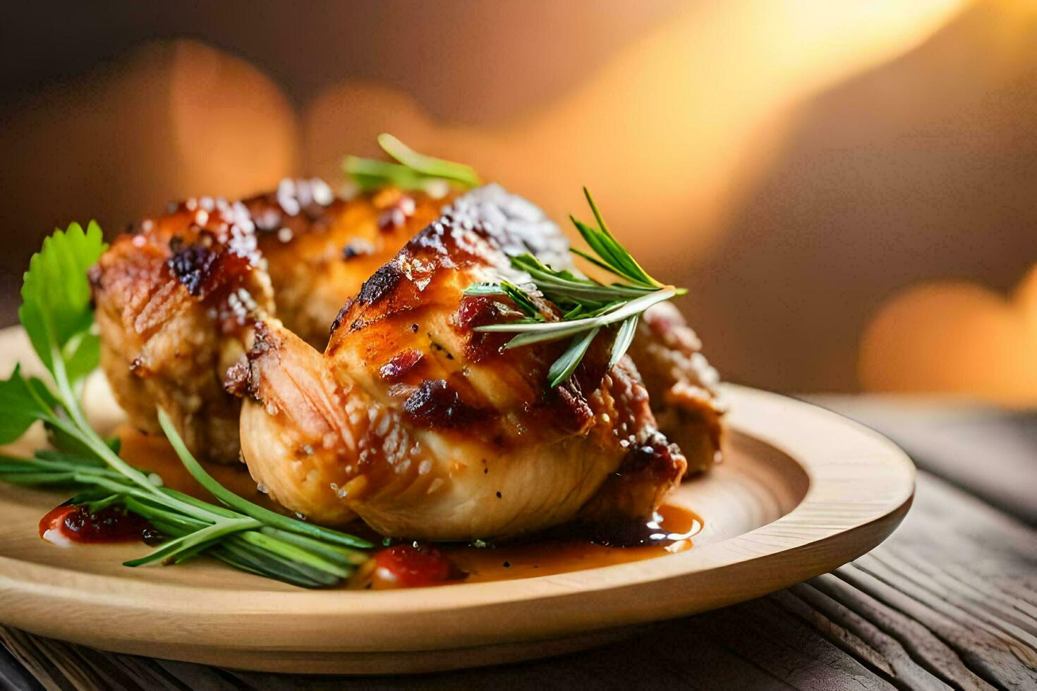 a chicken on a plate with herbs and sauce. AI-Generated photo