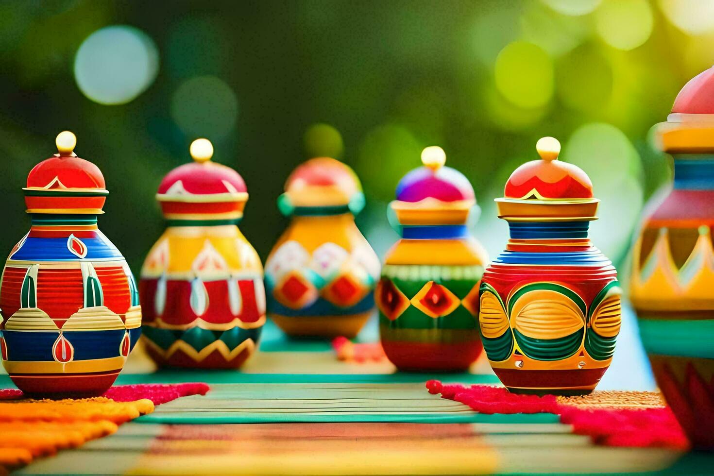colorful vases with candles on a table. AI-Generated photo