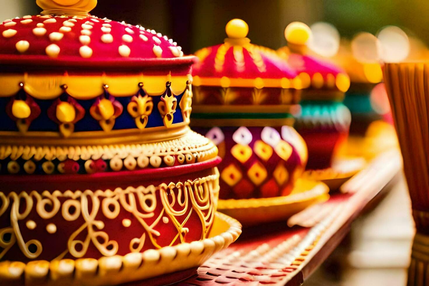 many colorful pots and bowls lined up on a table. AI-Generated photo