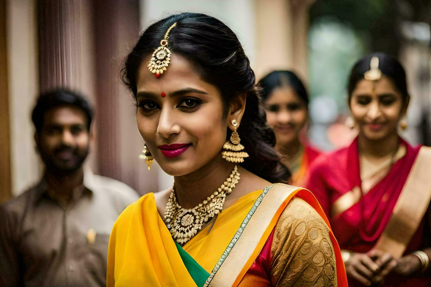 a woman in a sari with gold jewelry. AI-Generated photo