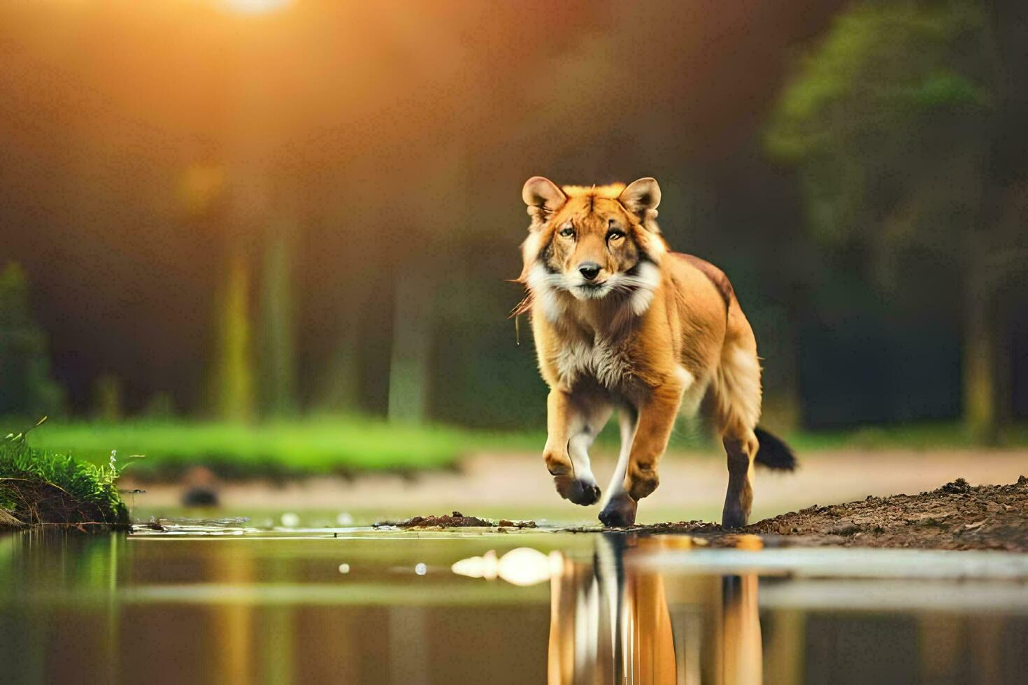 a wolf walking across a river at sunset. AI-Generated photo
