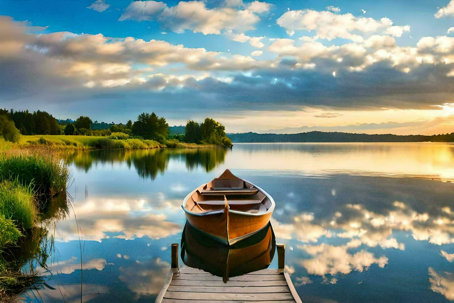 a boat on a lake at sunset. AI-Generated photo