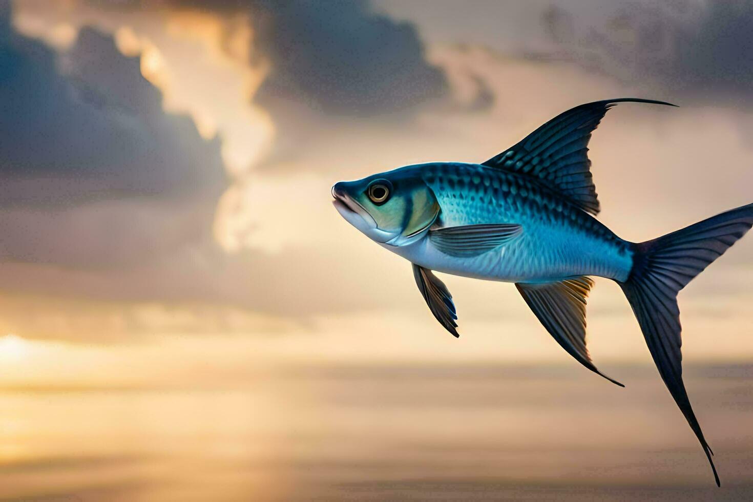 un pescado es volador terminado el Oceano a puesta de sol. generado por ai foto