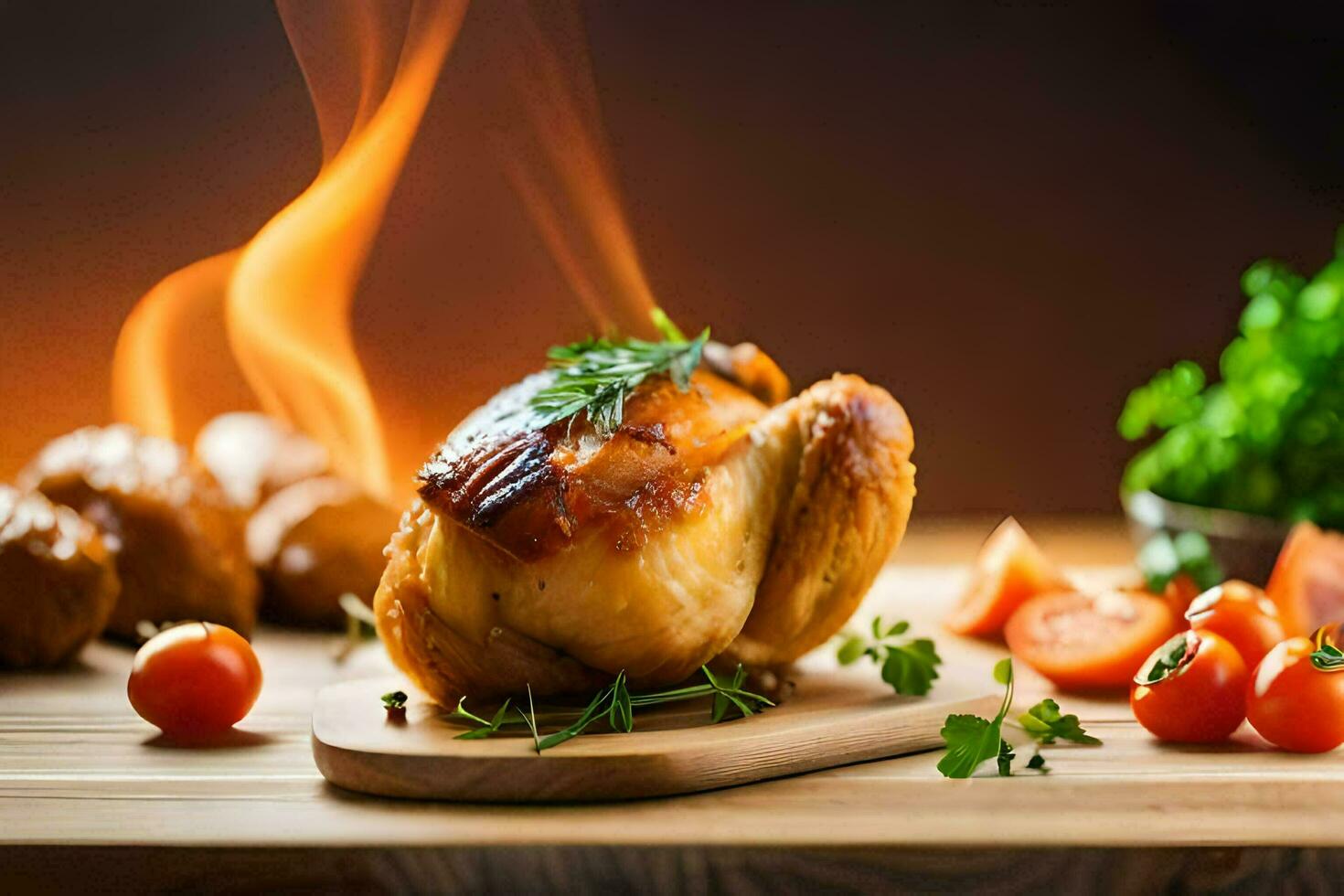 un pollo es en un corte tablero con un fuego. generado por ai foto