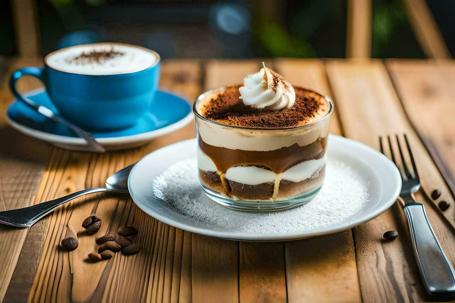 a dessert with coffee and a cup of coffee on a wooden table. AI-Generated photo