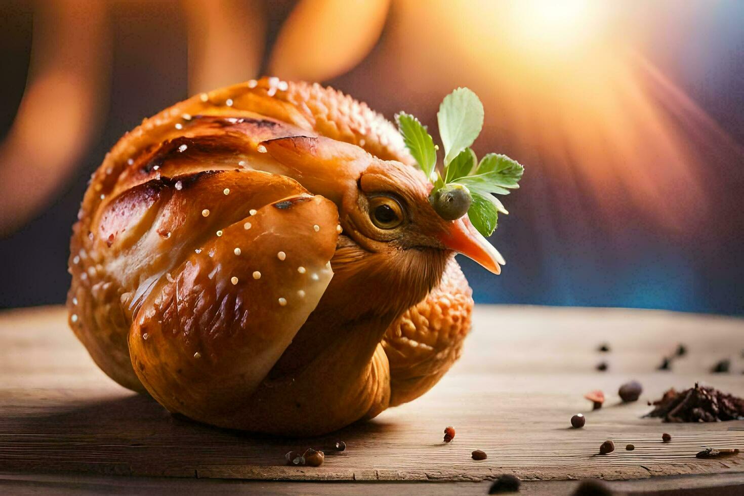 a chicken with a green leaf on top. AI-Generated photo