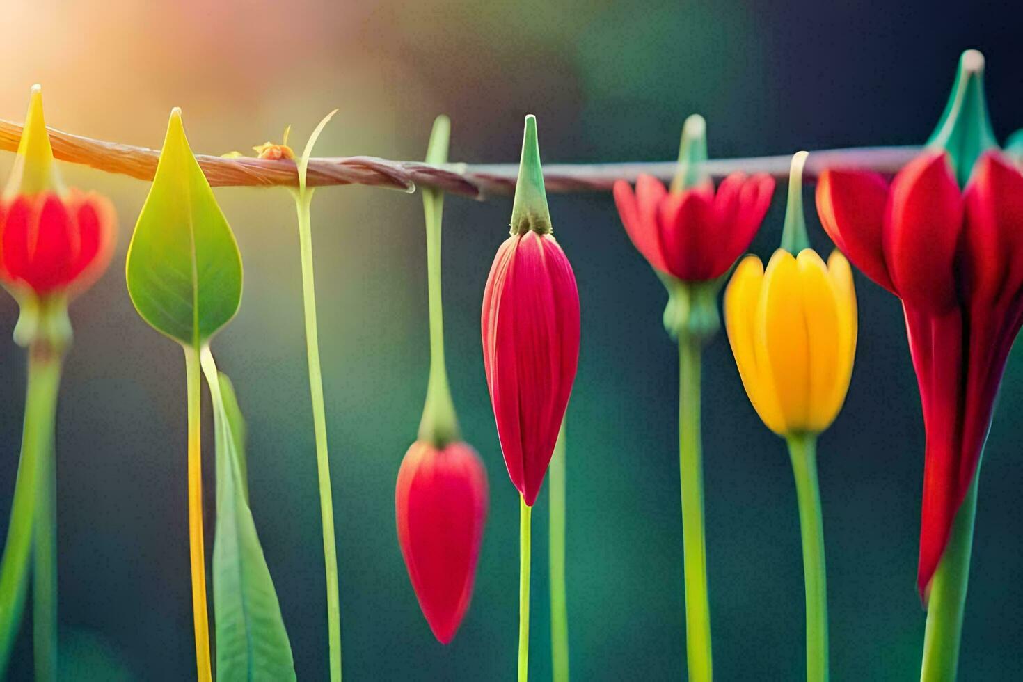 colorful flowers are hanging from a wire. AI-Generated photo
